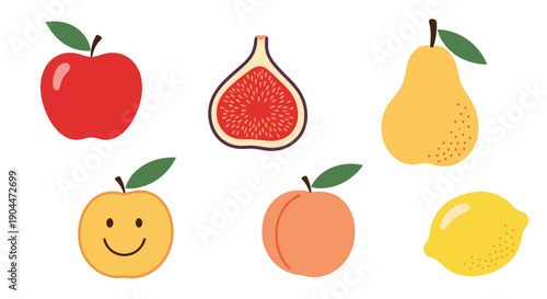 Assortment of colorful fruit illustrations including apple fig pear peach and lemon with a friendly smiley face on one.