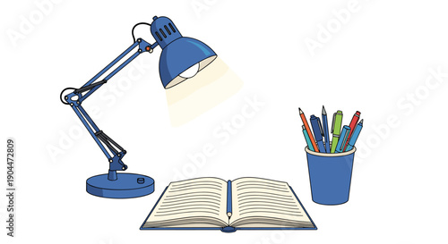 Student workspace with an open notebook, a blue desk lamp providing light, and a cup of pens and pencils on a white background.