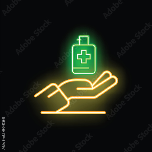 Neon glowing icon of hand holding medical bottle, concept of healthcare or pharmacy