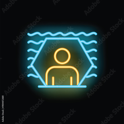 Neon sign depicting a figure standing within a geometric shape, surrounded by wavy lines, symbolizing feelings of confinement and isolation