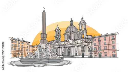 Colorful linear cityscape of baroque architecture with sunlit sky