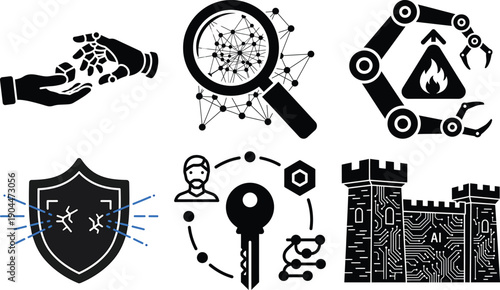 Black and white of cybersecurity and technology concepts shield