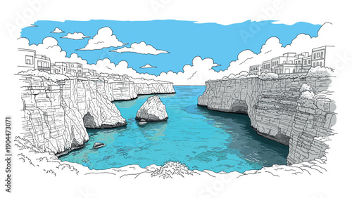 Coastal cliff scene with vibrant blue waters and white clouds in hand-drawn style