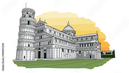 Detailed architectural sketch of pisa with sunset background