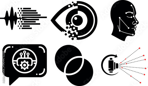 Black and white of human face eye sound wave chat bubble camera lens