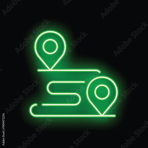 Green neon sign showing a route with two location pins, glowing on a black background