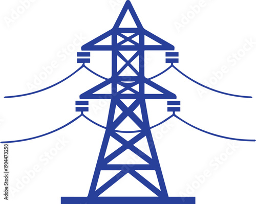 vector illustration of blue electricity pylon or power transmission tower with wires, for energy or infrastructure concept, Isolated on transparent background, png