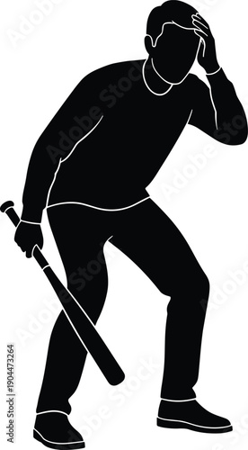 Black Silhouette Vector Illustration of a Man in Defensive Pose Holding a Baseball Bat with Hand on Head for Conflict Tension and Protection Design