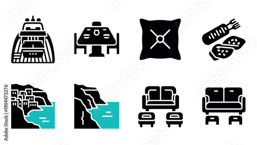 Travel icons: cruise ship, dining, relaxation, coastal views, sofa, armchair