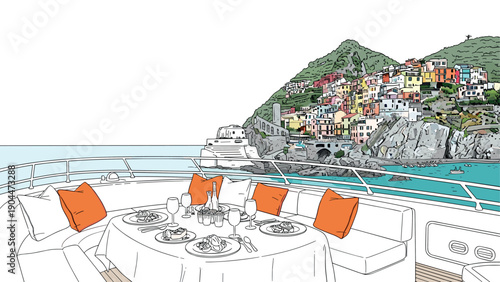 Luxurious yacht dining with coastal view of colorful italian riviera
