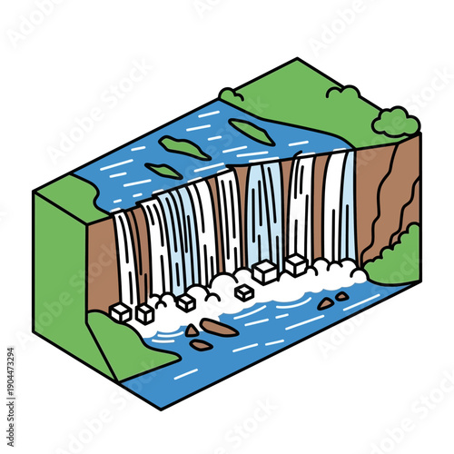 3D illustration of a waterfall with flowing water and rocks.