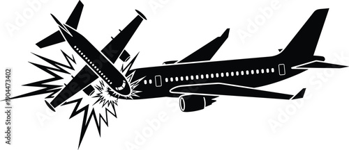 Black Silhouette Vector Illustration of a Midair Airplane Collision or Plane Crash Featuring Two Commercial Jets Crashing for Aviation Safety and Emergency Designs