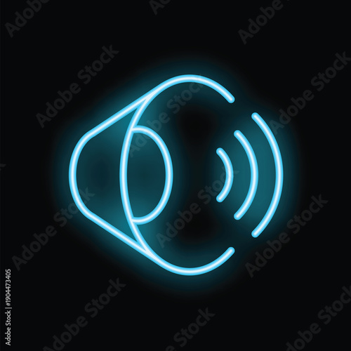 Blue neon glowing symbol of ear hearing sound waves isolated on a black background
