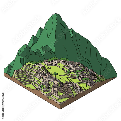 3D illustration of Machu Picchu ancient Inca city in Peru.