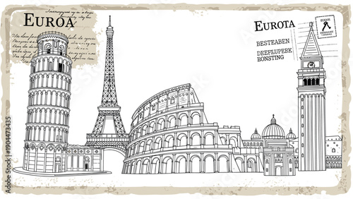 Vintage european landmark sketches: eiffel tower, colosseum, leaning tower, big ben