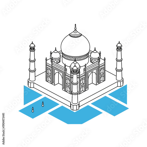Taj Mahal architectural illustration with blue water feature.