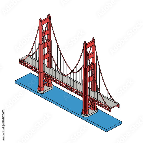Red suspension bridge illustration with blue water below.