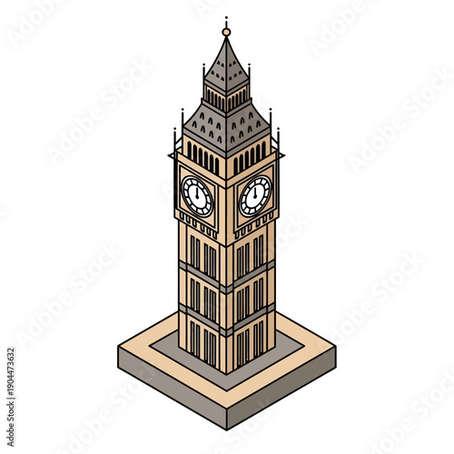 Isometric illustration of Big Ben clock tower in London England.