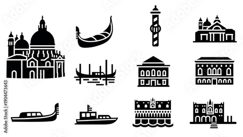 Venetian icons: silhouettes of gondolas and classic architecture