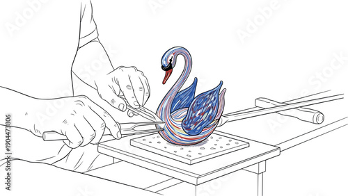 Crafting intricate glass swan with precision tools in detailed line art style