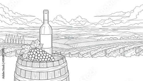 Wine bottle and grapes on barrel in vineyard landscape outline