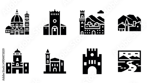 Minimalist silhouette icons of iconic italian architecture and landmarks