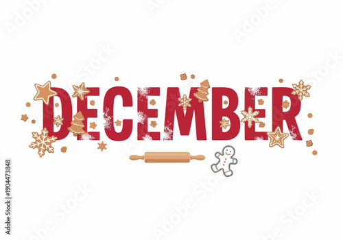 Festive December illustration featuring delightful gingerbread cookies, sparkling snowflakes, and a traditional rolling pin, celebrating the warmth of holiday baking
