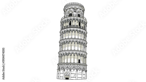 Detailed architectural drawing of the leaning tower of pisa