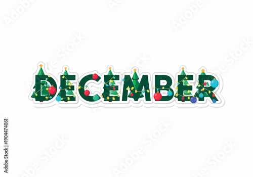 Celebrate the winter holidays with this charming 'December' text design, adorned with festive Christmas tree elements and colorful ornaments. Perfect for seasonal greetings and holiday cheer