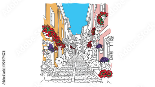Colorful european street with flowers and cobblestone path in hand drawn style