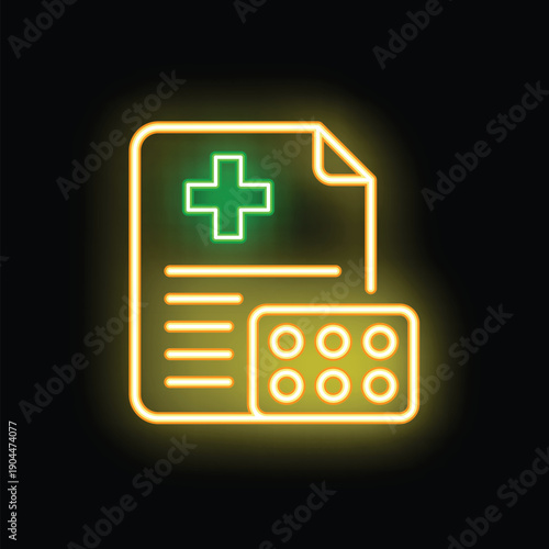 Neon glowing icon of a medical prescription with a blister pack and a green cross symbol, representing healthcare and pharmaceutical industry