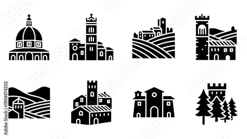 Minimalist italian architecture silhouettes: historic cityscapes and rustic landscapes