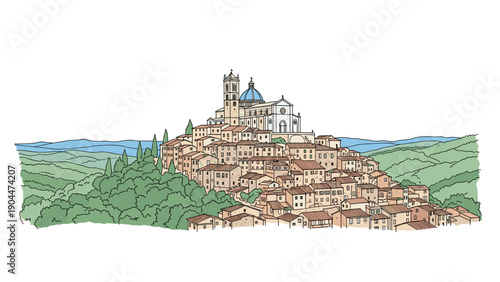 Charming hilltop town skyline with medieval architecture and lush landscape