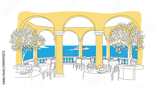 Mediterranean terrace dining with lemon trees and sea view in minimalist style