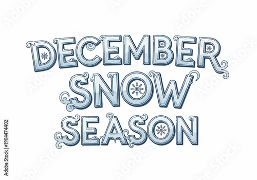 Charming typography showcasing the phrase 'December Snow Season' with frosty blue letters and integrated snowflakes, perfect for winter holiday themes and seasonal greetings
