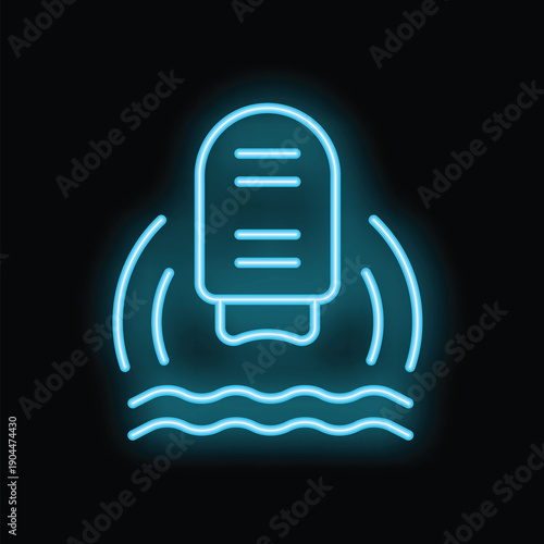 Blue neon icon of an echo sounder sending and receiving sound waves in the water