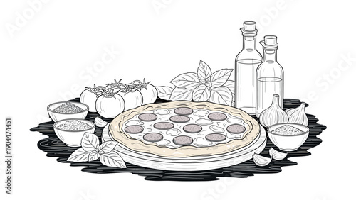 Hand-drawn italian pizza with ingredients on wooden table