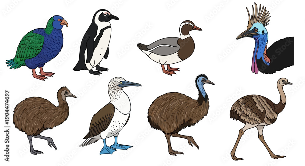 Obraz premium Collection of diverse birds illustrated on a white background.