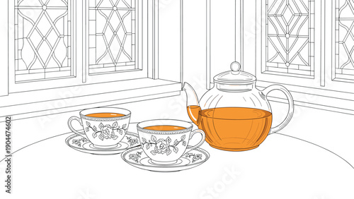 Cozy tea time in linear style with elegant teacups and teapot by the window