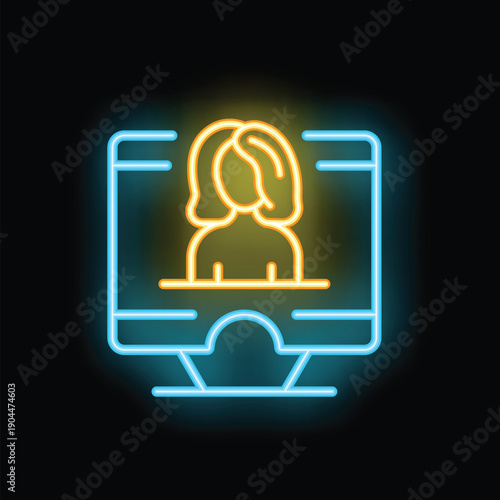 Neon icon of a woman appearing on a computer screen, representing online presence or video call