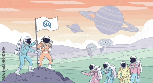 Astronauts plant flag on alien planet with Saturn-like planet in the sky