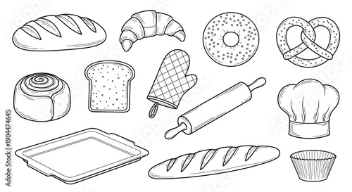 Collection of hand-drawn baking items and pastries.