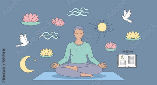 Person meditating surrounded by symbols of peace, wisdom, and nature.