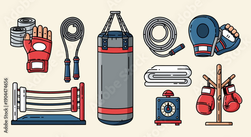 Collection of boxing and combat sports equipment on a plain background.