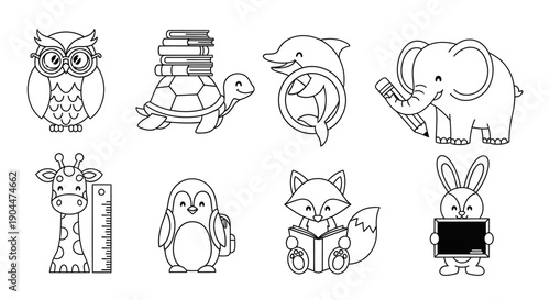 Collection of cute black and white animal illustrations for learning.