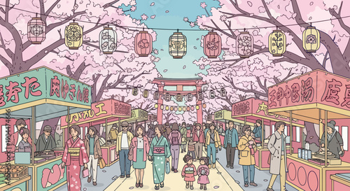 People enjoying a street food market during cherry blossom season in Japan