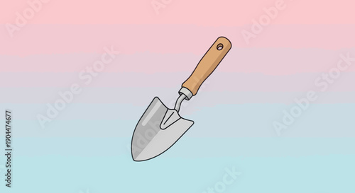 Simple cartoon illustration of a hand trowel against a gradient background.