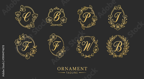 Elegant floral monograms and alphabet frames with golden outlines
