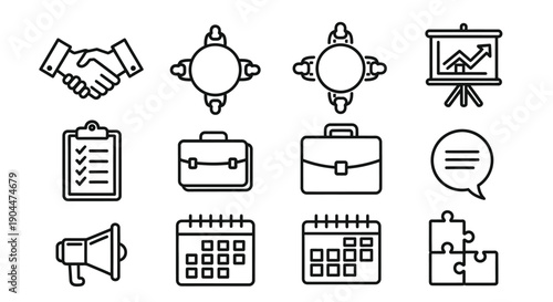 Set of business icons for meetings, planning, and communication.