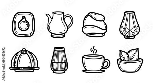 Set of hand-drawn kitchenware and beverage icons